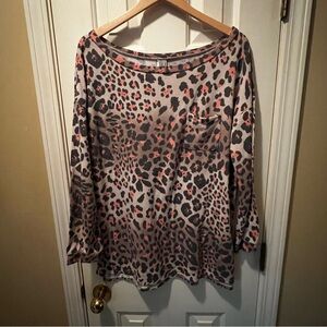 HONEYME Curvy Leopard Print Long Sleeve Pocket Shirt- Brown/Pink - Size XL